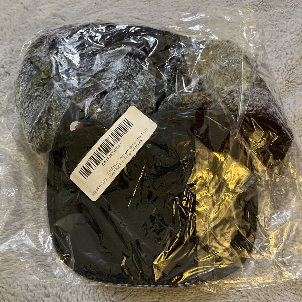 Supplex Winter Black 5-Panel Camp Trapper Faux Fur Hat Cap Lined Ear Flaps